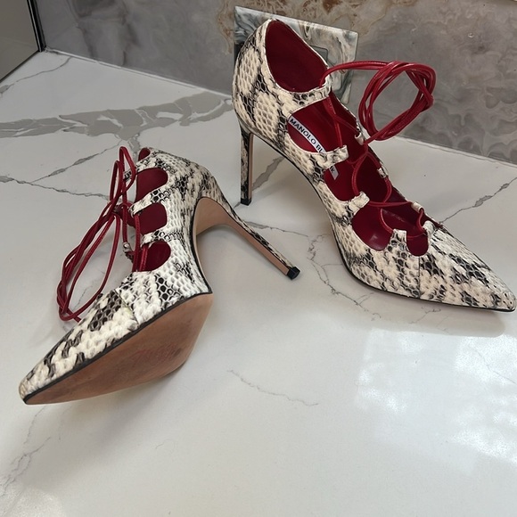 Manolo Blahnik Sz 39 Rogustta Snakeskin Leather Pumps W Red Leather Ties - New - Picture 4 of 10